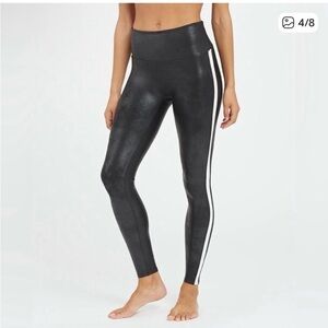 Spanx black leather white stripe leggings large